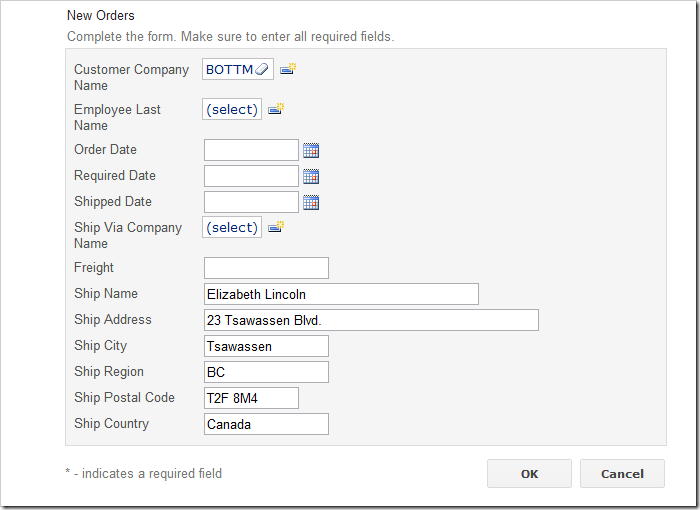 Orders create form with a selected customer. The shipping information is copied from the Customer.