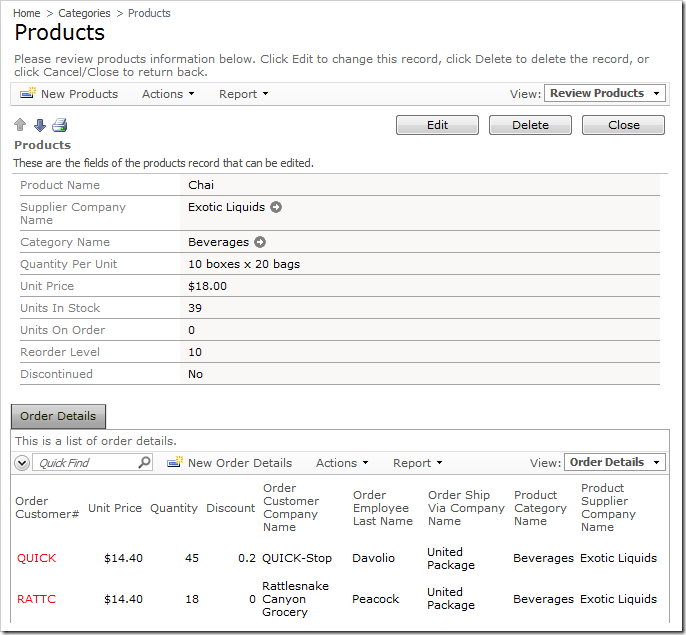 Products edit form with action buttons only above the form.