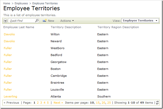 Employee Territories data view with Page Size controls enabled.