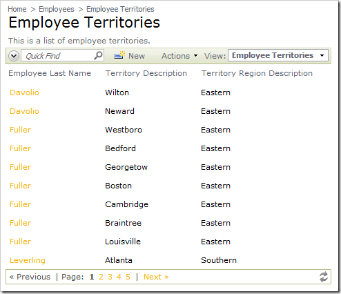 Employee Territories data view without the Page Size controls.