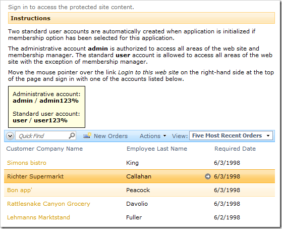 'Five Most Recent Orders' data view without a Pager.