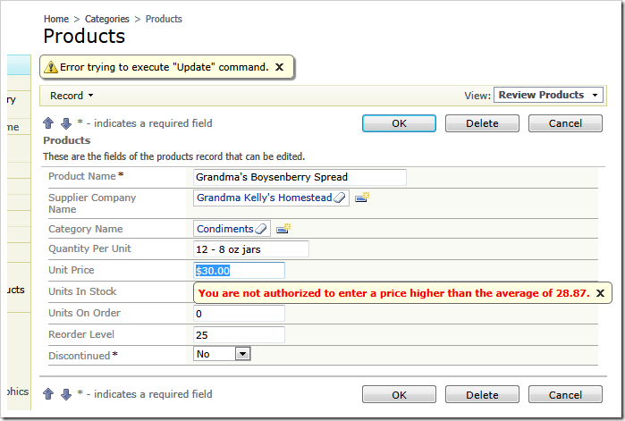 Validating SQL business rule detects a violation in a form view