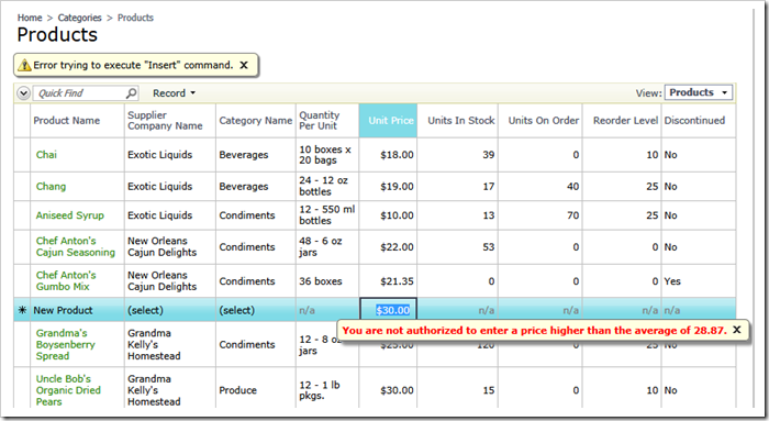 Validating SQL business rule detects a violation in a data sheet view