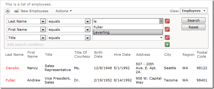 Entering 'le' in the Last Name field will match two values.