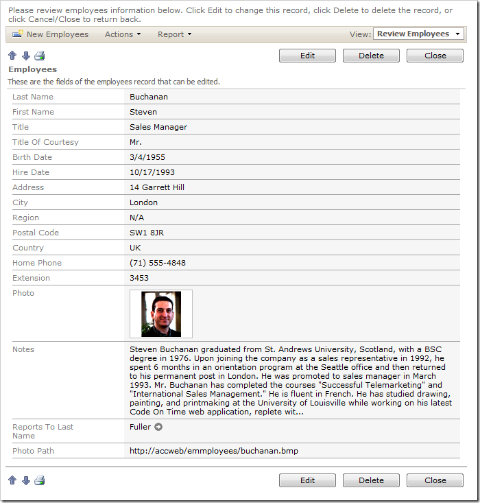 Notes field of Employees edit form string data truncated in read mode.