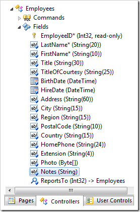 Notes field of Employees controller in Code On Time Project Explorer.