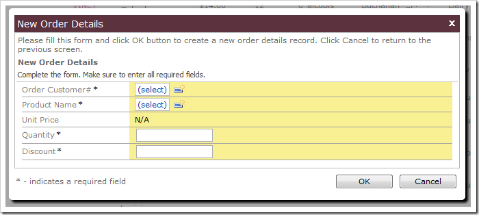 Unit Price field on New Order Details form is not editable.