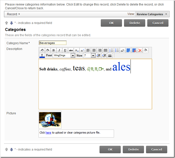 Rich Text editor enabled on Description field of Categories edit form.