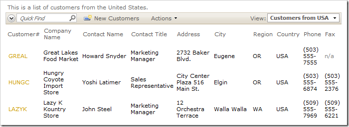 CustomersfromUSA view no longer has PostalCode, has Fax column instead, just like grid1 view.