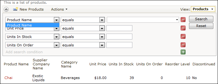 Customized search bar for Products grid view. Product Name is required and cannot be changed. Unit Price, Units In Stock, and Units On Order are suggested.