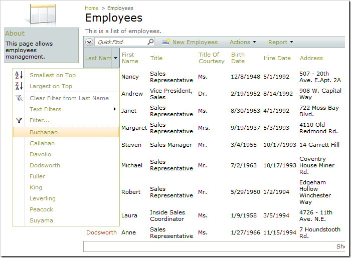 Last Name column dropdown displaying filter samples.