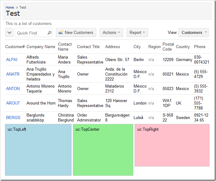 Test page with customized 'Top' user controls and customer list at the top of the page.