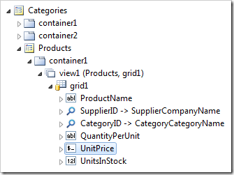 Unit Price data field in grid1 view on the Products page.