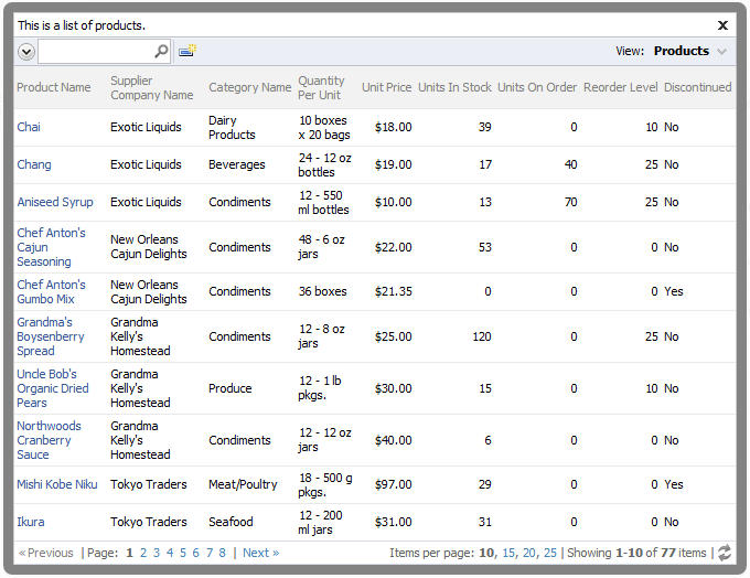 Lookup list of all 77 products available for selection.