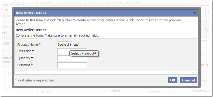 Product Name lookup on the New Order Details create form.