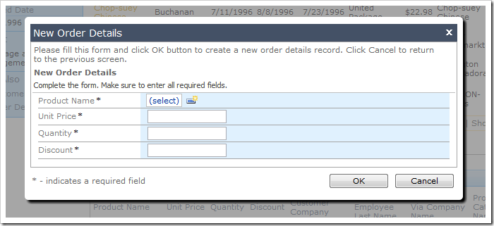 New Order Details modal form. New Order Details modal form.