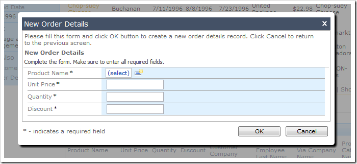 New Order Details modal form.