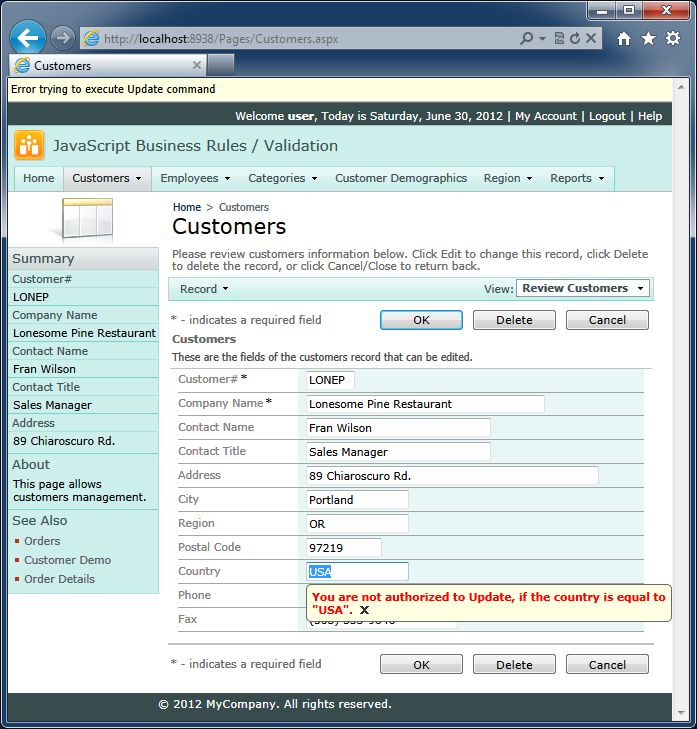 Validation with JavaScript Business Rules in a web app created with Code On Time web application generator