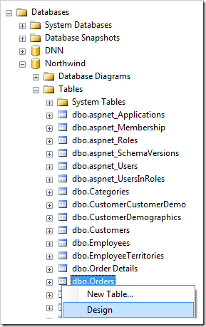 Design the Orders table in the Northwind database using SQL Server Management Studio.