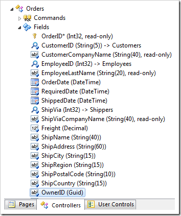 OwnerID field in the Orders controller in Code On Time Project Explorer.