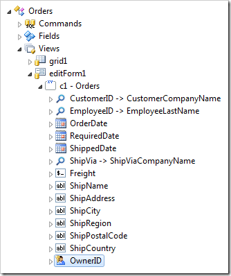 OwnerID data field of editForm1 view of Orders controller.