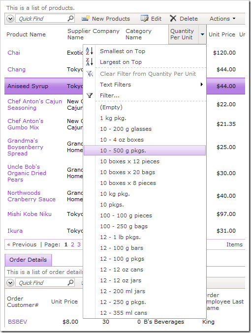 Quantity Per Unit distinct value sampleshow only 20 items.