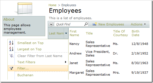 Multiple Value Filter option for Last Name column.