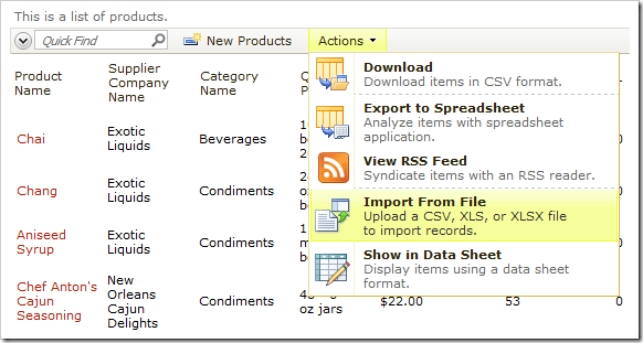 Import From File action on the Products list.