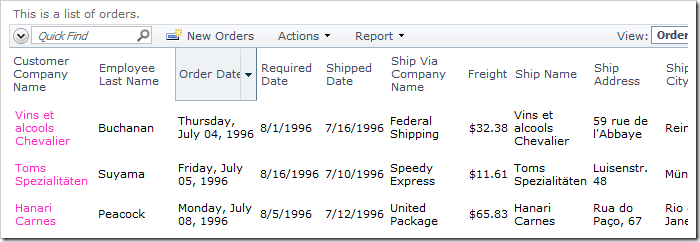 Order Date field values rendered in the long date pattern.