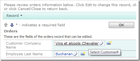 Customer Company Name lookup on the Orders edit form.