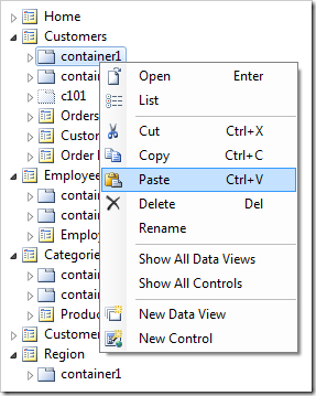 Paste command on 'container1'.