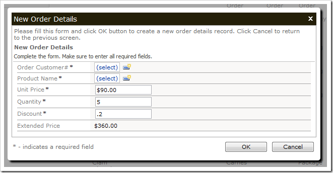New Order Details form with a calculated Extended Price.