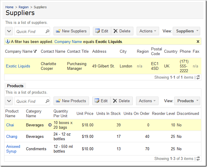 Suppliers page with Products child view. Products view does not display the foreign key field.