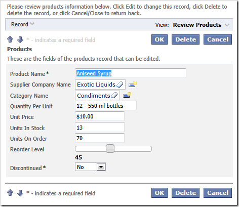 The input control for 'Reorder Level' field is replaced with a fancy slider from jQuery UI.