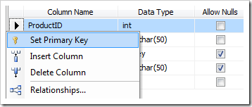Set ProductID as Primary Key.