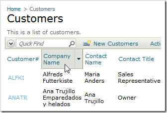 In Inspect Mode, click on the Company Name header of the Customers grid view.