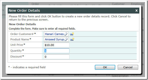 The business rule assigns default values to Quantity and Discount and sets the focus on Quantity when a product has been selected