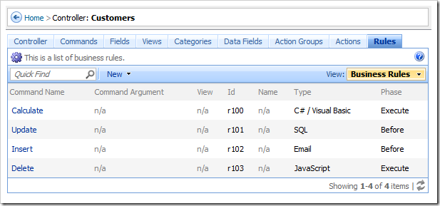 Rules tab for a controller in the Project Browser.