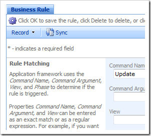 Business rule edit form in the Project Browser.
