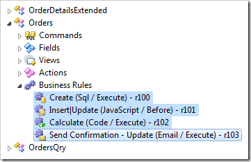 Business rules that belong to Orders controller in the Project Explorer.