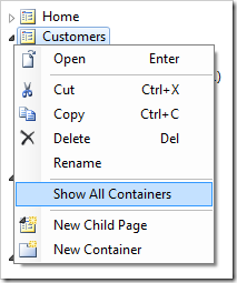 Show All Containers context menu option for page node in Project Explorer.