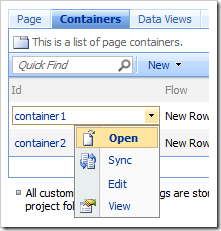 Open context menu option for 'container1' in list of containers.
