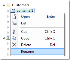 Rename context menu option for container1 in the Project Explorer.