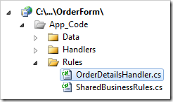 Business rules handler in the Rules folder in Visual Studio.