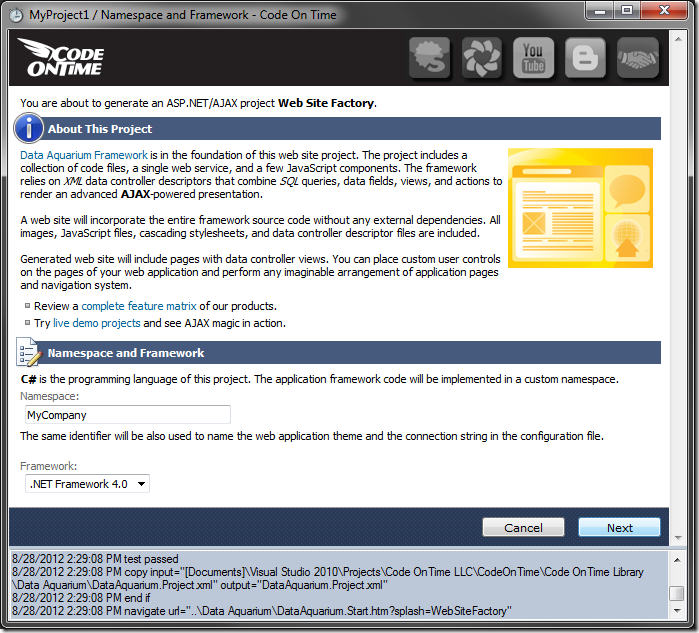 Configuring the namespace and .NET Framework for the project.