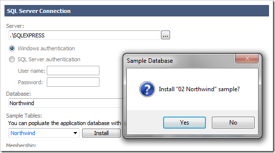 Installing Northwind database tables and data into the specified database.