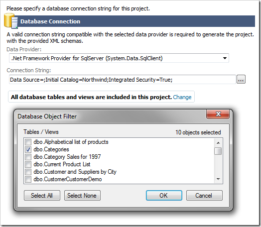 Selecting database tables and views to include in the project.