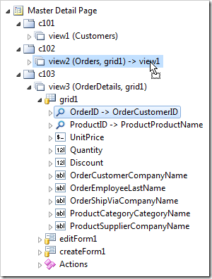 Dropping OrderID data field node on 'view2'.