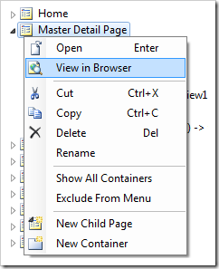 View in Browser context menu option for a page node in the Project Explorer.