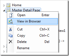 View in Browser context menu option for Master Detail Page in the Project Explorer.